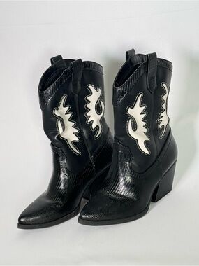 Black SODA Western Ankle Boots with White Inlay